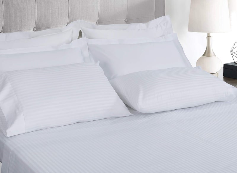Threadmill 100% Cotton Sheets for King Size Bed - 600 Thread Count King Bed Sheets Set with 16â€ Deep Pocket - Damask Stripe Sateen Weave 4-Piece Bedding Set with Cooling Effect, White - Image 2